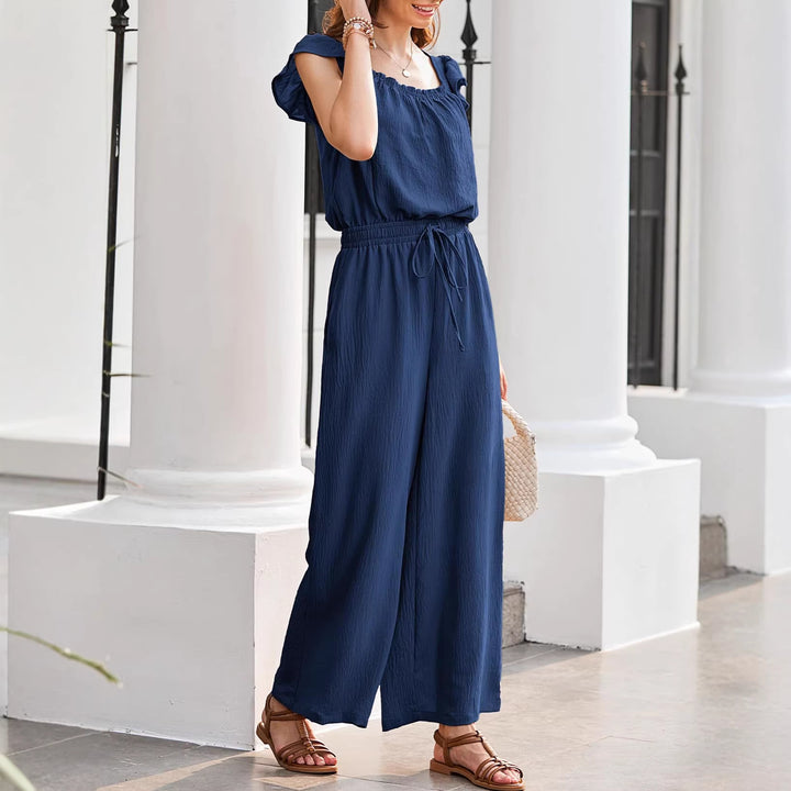 Women's Crinkle Jumpsuit with Wide Leg, Elastic Waistband, and Ruffled Sleeves Mune Fashion