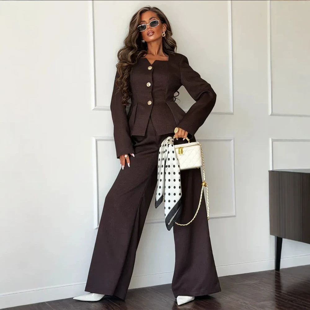 Women's Tailored Peplum Blazer and Palazzo Pants Set Mune Fashion