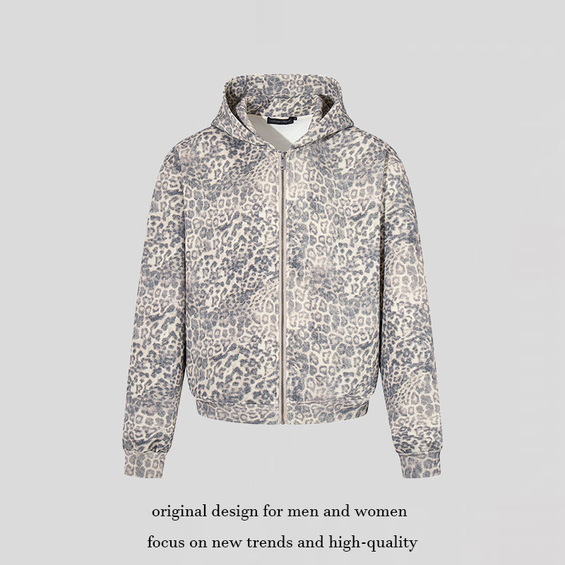 Women’s zip hoodie in soft velour with all-over leopard jacquard Mune Fashion