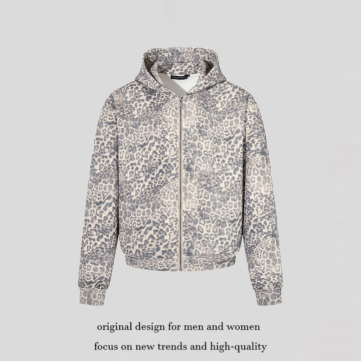 Women’s zip hoodie in soft velour with all-over leopard jacquard Mune Fashion