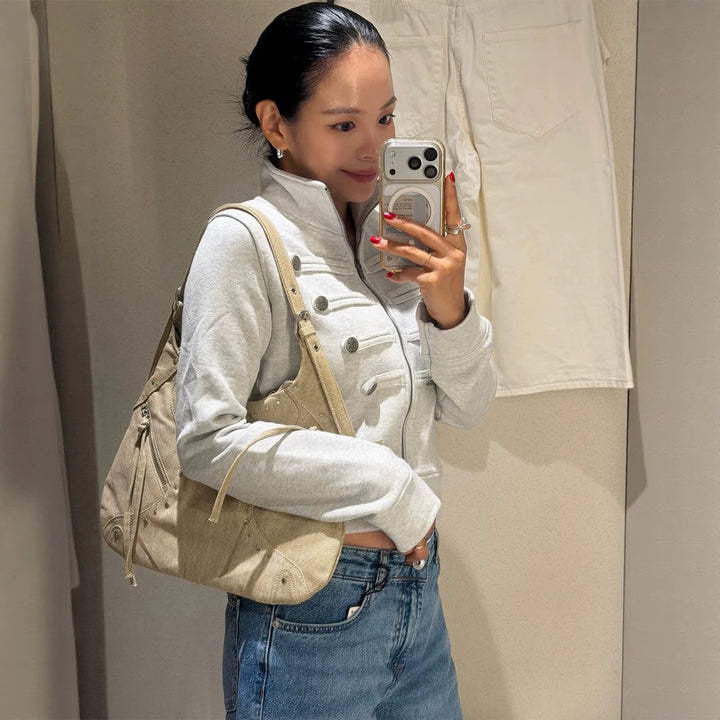 Women Short-Cut Sweat Jacket in Military Look with Stand-Up Collar Mune Fashion