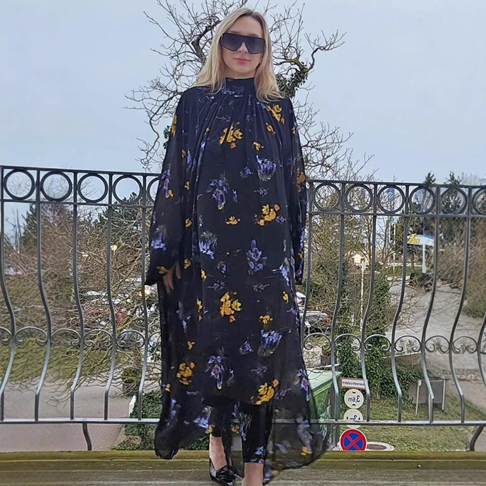 Women's Chiffon Maxi Dress with Stand Collar, Keyhole Neckline & Voluminous Balloon Sleeves Mune Fashion