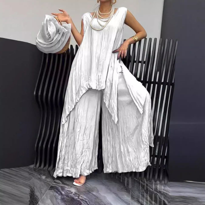 Women two-piece set in airy crinkle look with sleeveless tunic and wide palazzo pants Mune Fashion