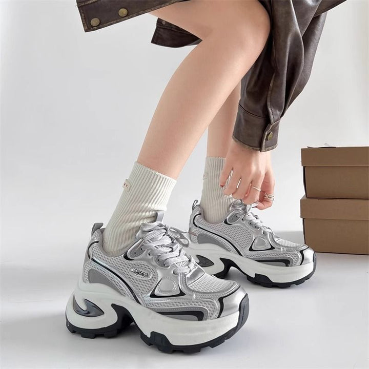 Ladies Sculptural Platform Sneakers with Multi-Layer Mesh and PU Mix Mune Fashion