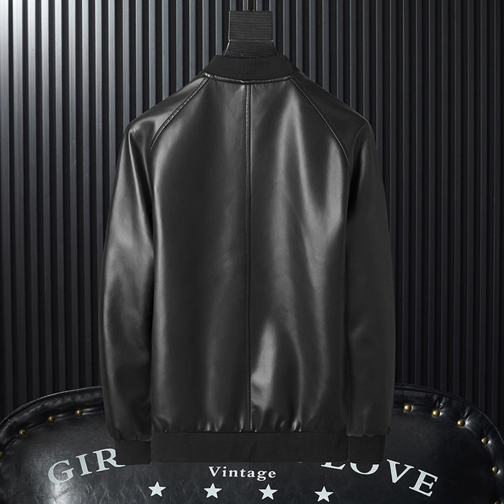 Men's Vegan Faux Leather Bomber Jacket with Ribbed Cuffs Mune Fashion