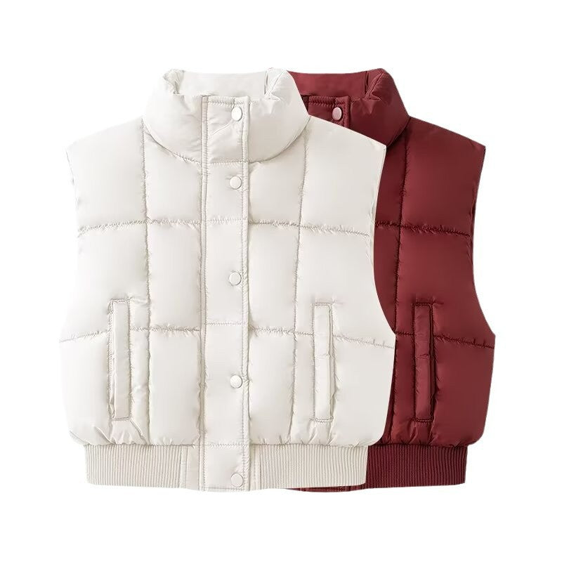 Women Quilted Cropped Puffer Vest with Stand Collar and Ribbed Hem Mune Fashion