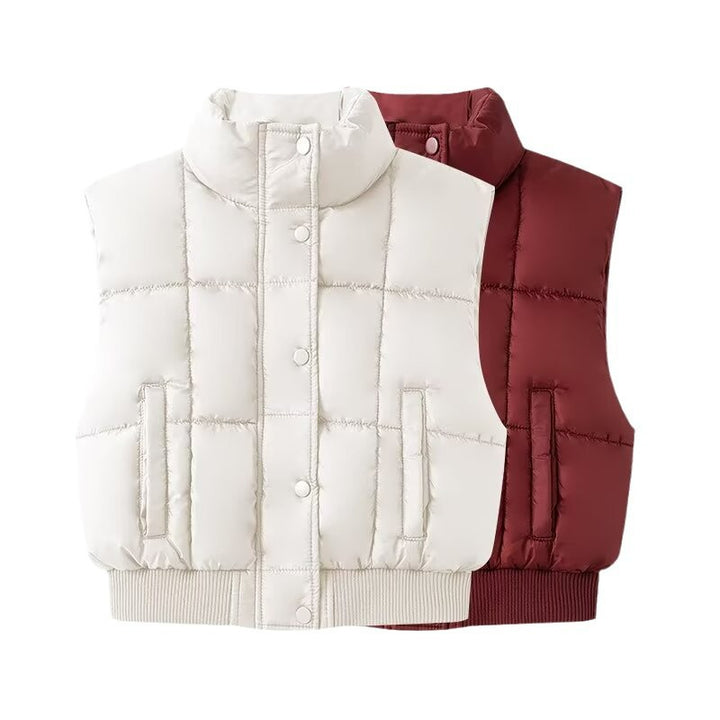 Women Quilted Cropped Puffer Vest with Stand Collar and Ribbed Hem Mune Fashion