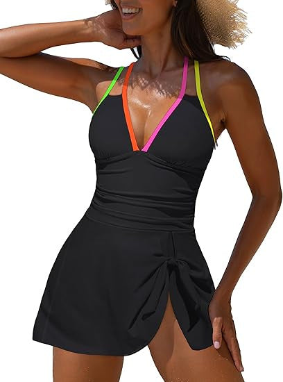 Women's Swimwear with Asymmetrical Skirt and Colored Straps Mune Fashion