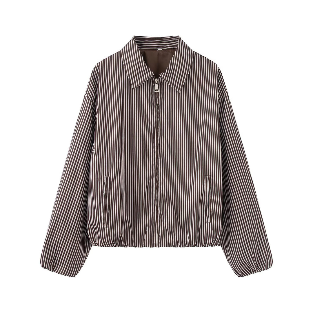 Women's Lightweight Striped Blouson Jacket with Zipper, Shirt Collar and Elastic Hem Mune Fashion