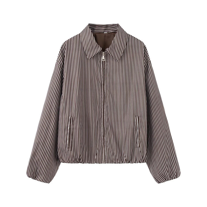 Women's Lightweight Striped Blouson Jacket with Zipper, Shirt Collar and Elastic Hem Mune Fashion