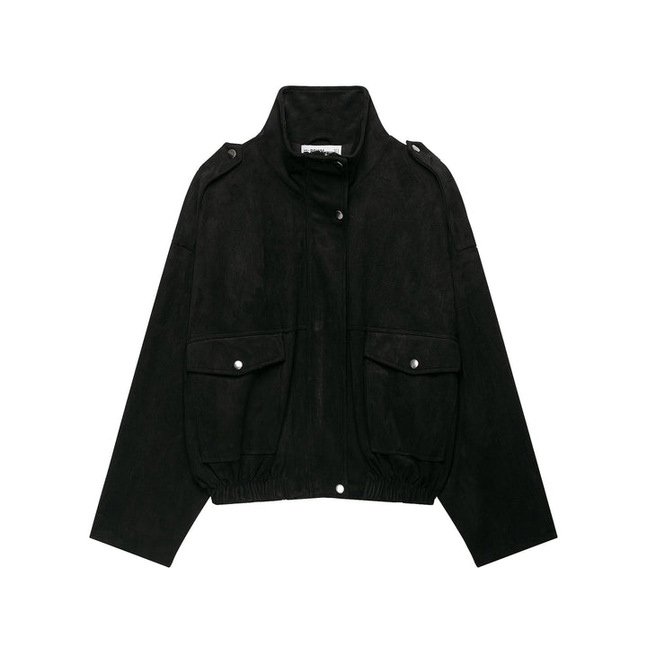 Women's tailored velvet bomber jacket with stand-up collar, shoulder epaulettes, and large flap pockets