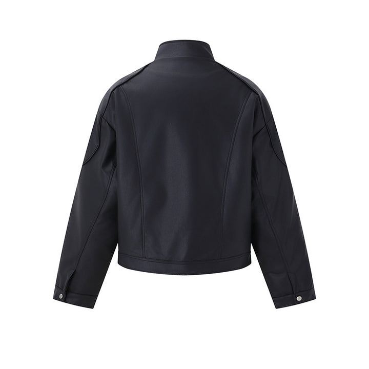 Men's Short Boxy Mock-Leather Jacket with Geometric Seam Design Mune Fashion