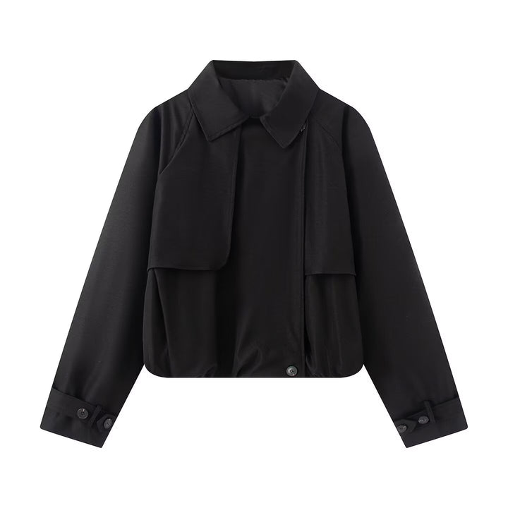 Women's Cropped Short Jacket with Cape Front, Shirt Collar and Adjustable Cuffs Mune Fashion