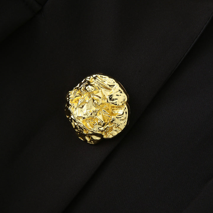 Women's tailored long blazer with shawl collar, distinctive decorative buttons, and patch pockets Mune Fashion