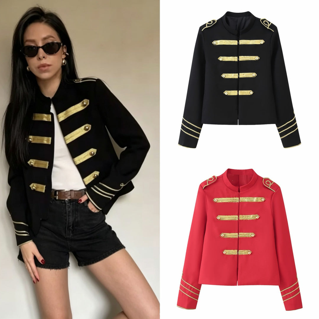 Ladies Cropped Military Jacket with Gold Embroidered Galloons and Stand-up Collar Mune Fashion
