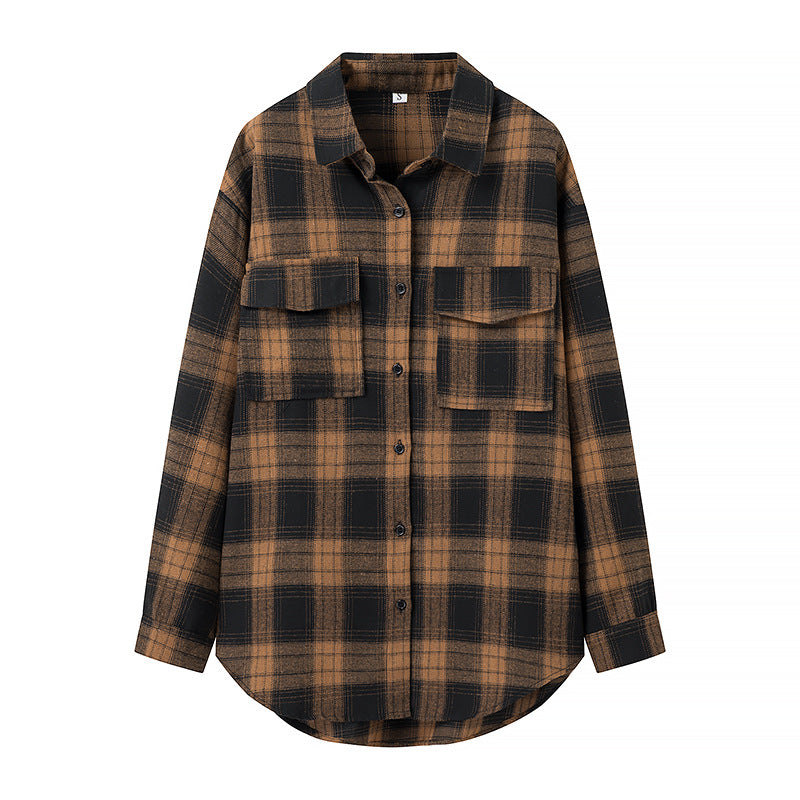 Women's Oversized Check Shirt Blouse with Patch Breast Pockets and Rounded Hem Mune Fashion