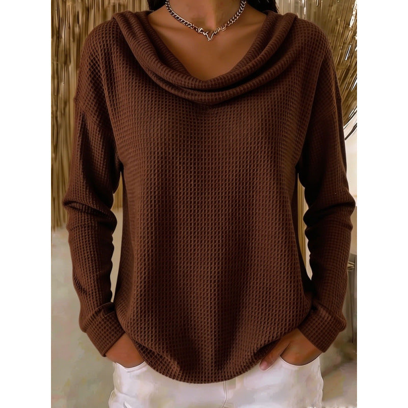 Women Casual Waffle Knit Sweater with Wide Waterfall Collar and Rounded Hem Mune Fashion
