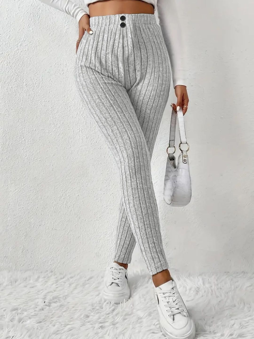 Women High-waisted Ribbed Knit Leggings with Elastic Waistband Mune Fashion