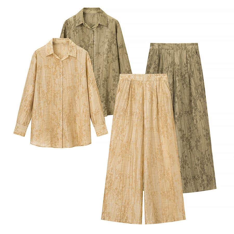 Women Two-Piece Jacquard Loungewear Set with Shirt Blouse and Wide Palazzo Pants Mune Fashion