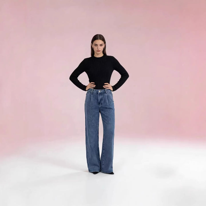 Women’s high-waisted pleated wide-leg jeans with a high waistband and belt loops Mune Fashion