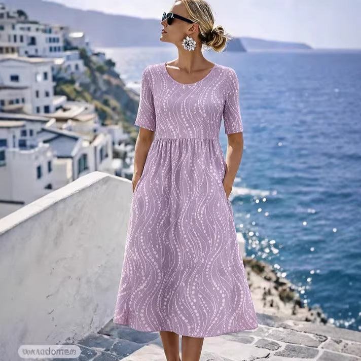 Women's Lightweight Midi Dress with Empire Waist, Half-Length Sleeves and Side Pockets Mune Fashion