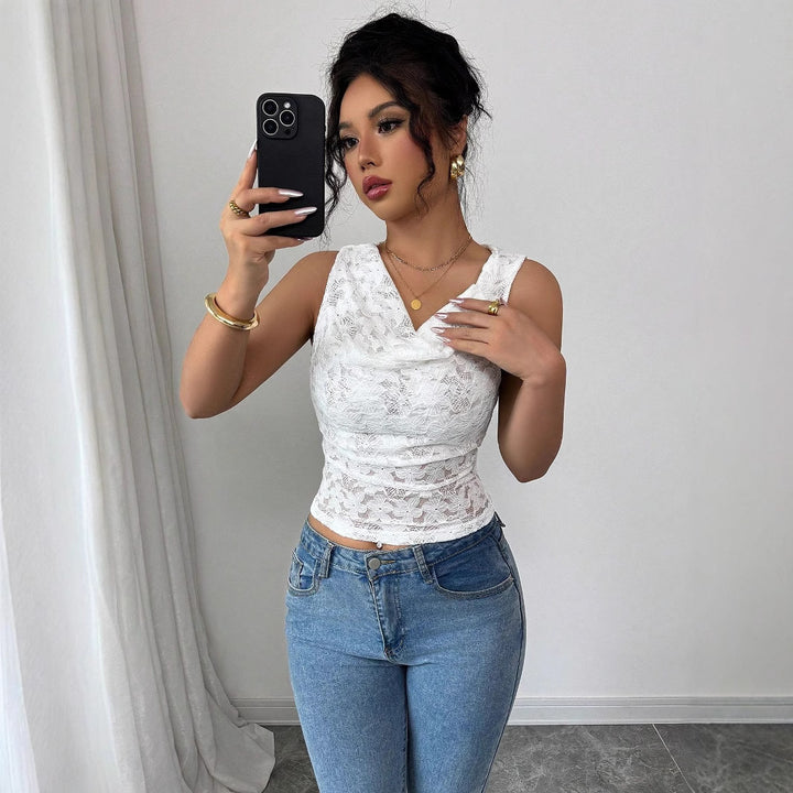 Ladies lace top with waterfall neckline and figure-hugging waistline Mune Fashion
