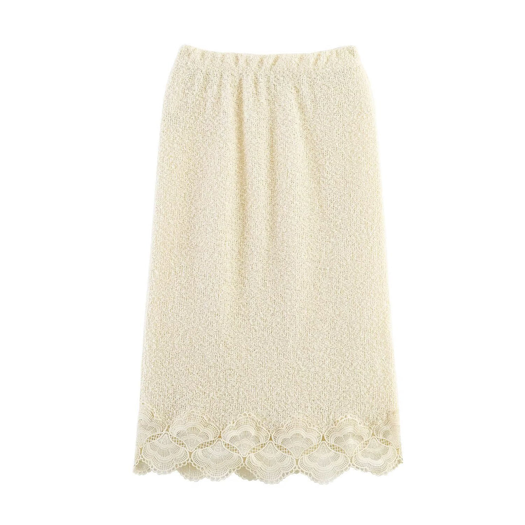 Women Boucle Knit Sweater with Lace Trim and Wavy Hem Mune Fashion