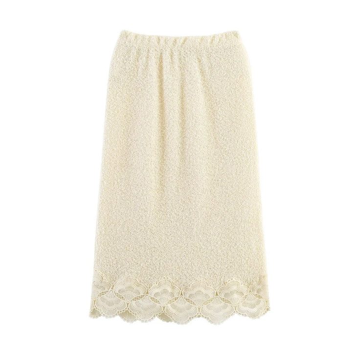 Women Boucle Knit Sweater with Lace Trim and Wavy Hem Mune Fashion