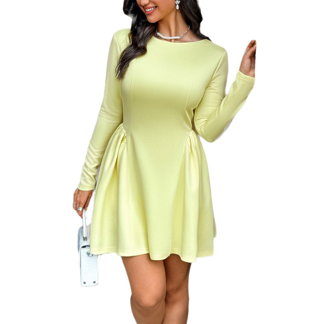 Women's fitted skater dress with princess seams, gathered waist area, and long sleeves Mune Fashion