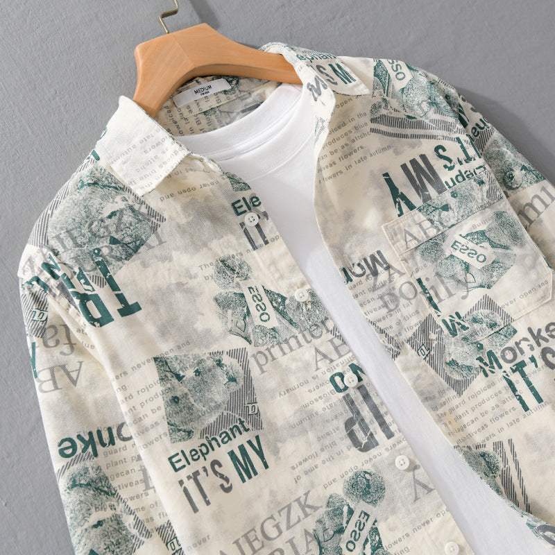 Men's overshirt made of cotton-linen with typographic newspaper print and relaxed fit Mune Fashion