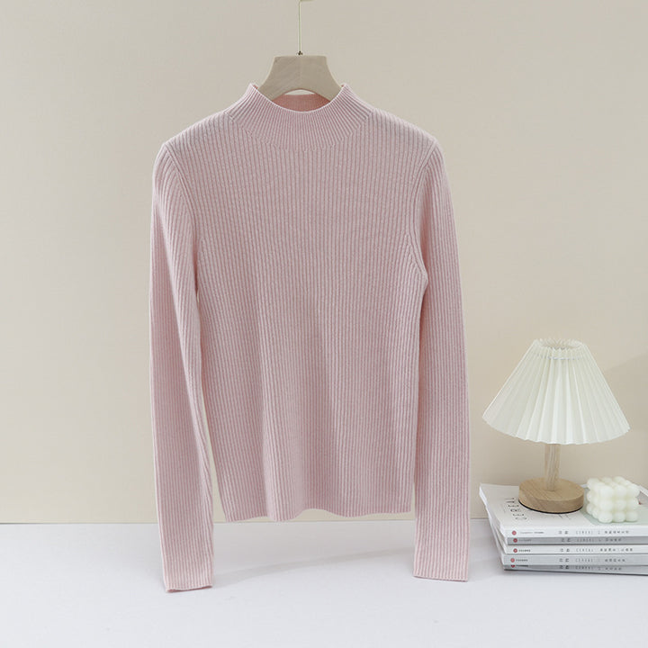 Women Fine Ribbed Stand Collar Sweater with Slim-Fit Silhouette Mune Fashion