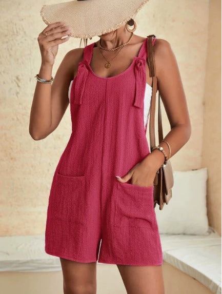 Women Summer Overall with Knot Straps and Patch Pockets Mune Fashion