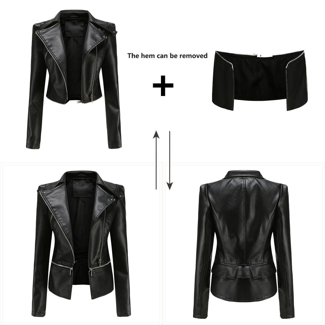 Women's fitted faux leather biker jacket with asymmetric lapel collar Mune Fashion