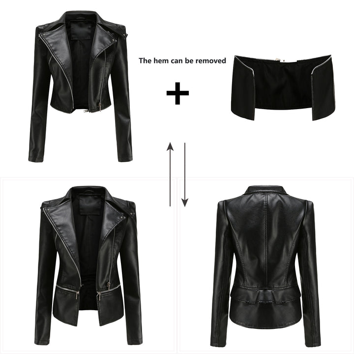 Women's fitted faux leather biker jacket with asymmetric lapel collar Mune Fashion
