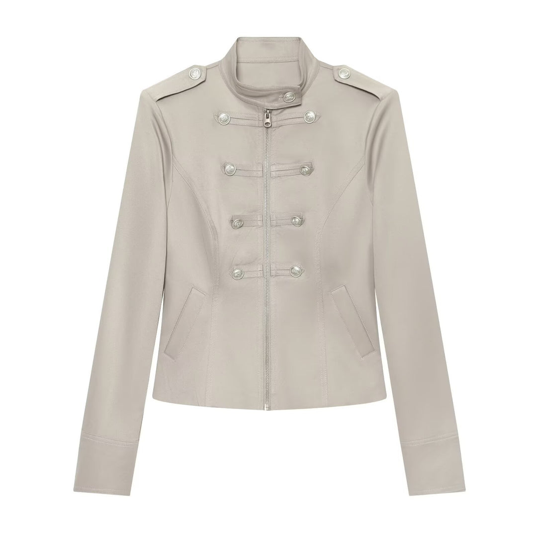 Women Military Inspired Short Jacket with Zipper and Decorative Buttons Mune Fashion