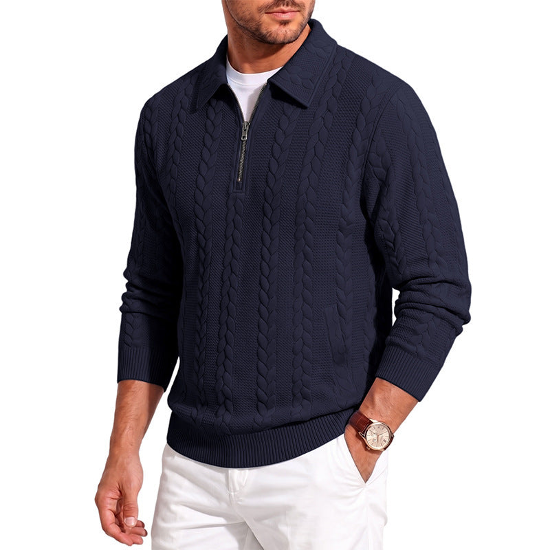 Men's polo collar knit sweater with cable structure and half zip Mune Fashion