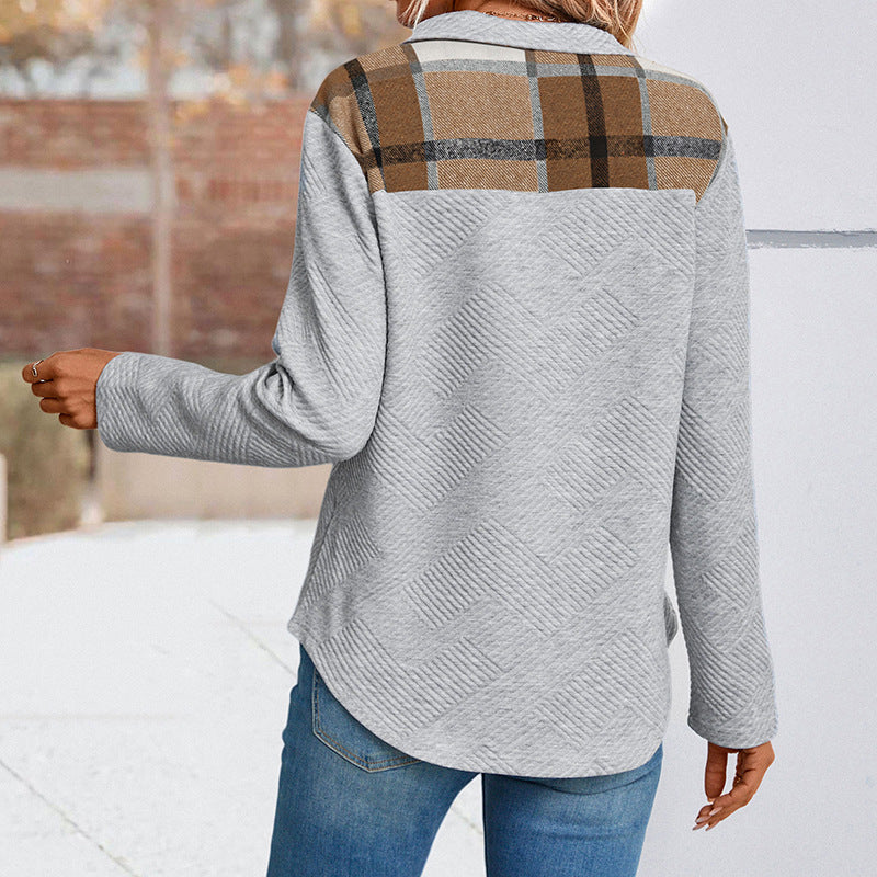 Women's Quilted-Texture Sweatshirt with Half Collar and Snap Button Placket Mune Fashion