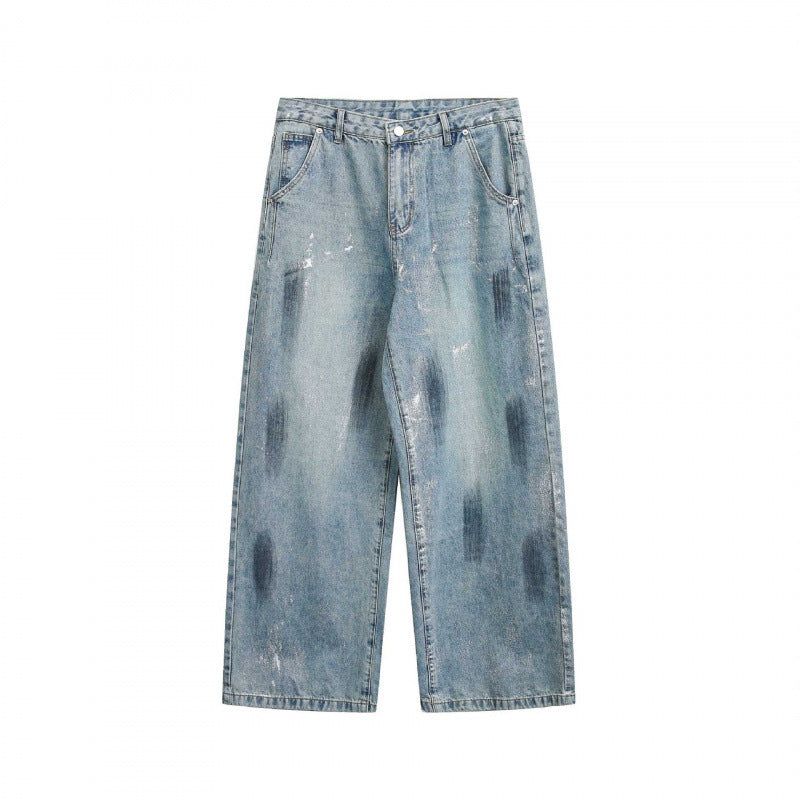 Unisex Wide Cropped Jeans in Used Look with High Waist and Paint Effect Mune Fashion