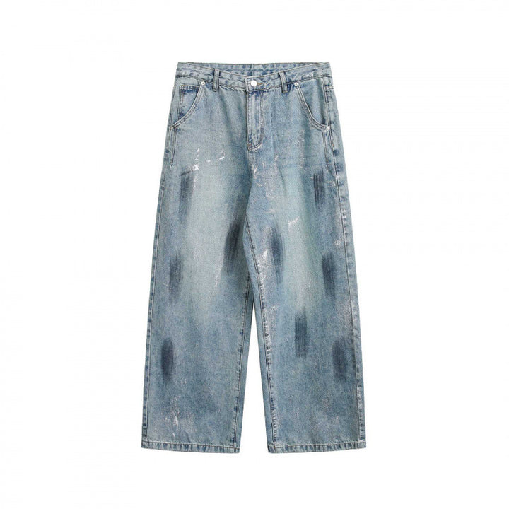 Unisex Wide Cropped Jeans in Used Look with High Waist and Paint Effect Mune Fashion