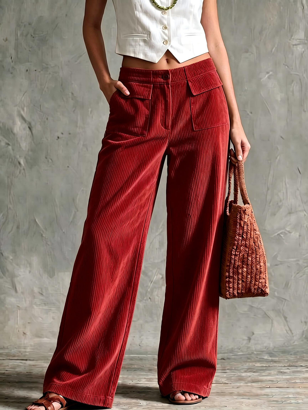 Women's Wide Cord Palazzo Pants with High Waist and Flap Pockets Mune Fashion