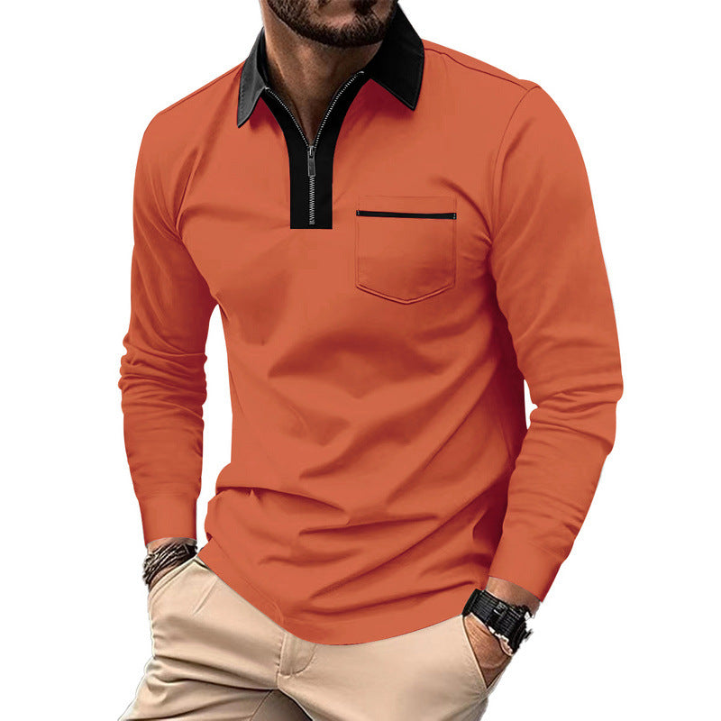 Men's elegant long-sleeve polo shirt with distinctive stand-up collar metal short zip and chest pocket Mune Fashion