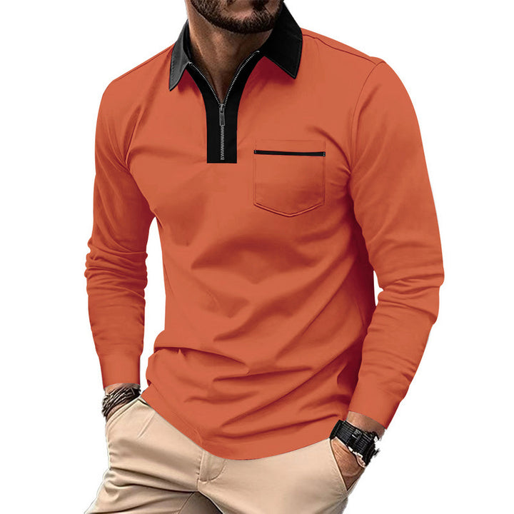 Men's elegant long-sleeve polo shirt with distinctive stand-up collar metal short zip and chest pocket Mune Fashion