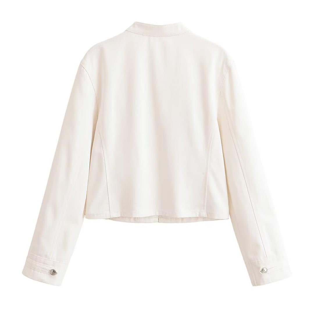 Ladies Cropped Military Jacket with Stand-up Collar and Decorative Button Placket Mune Fashion