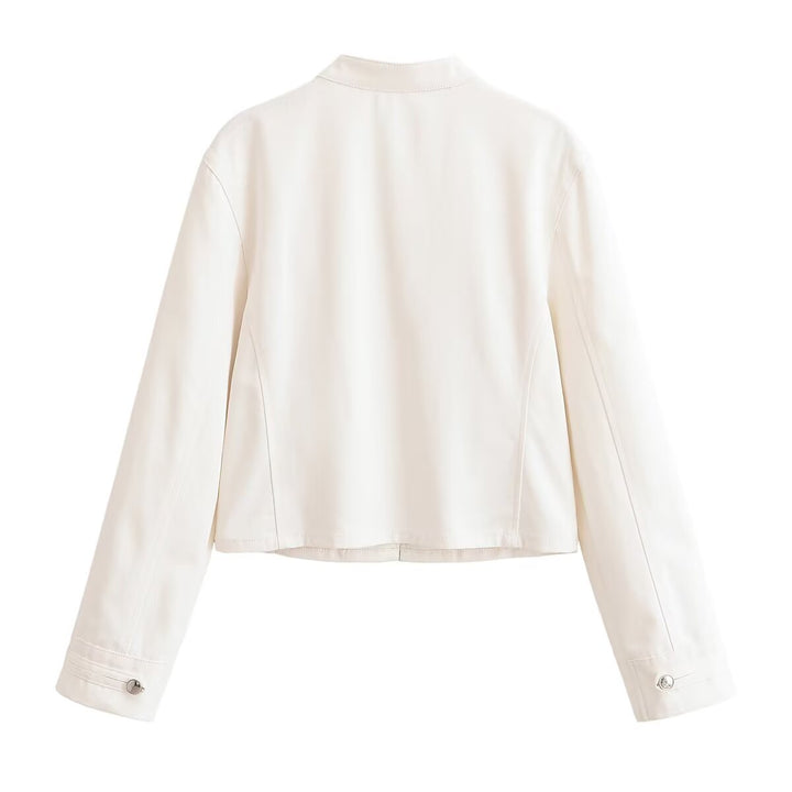 Ladies Cropped Military Jacket with Stand-up Collar and Decorative Button Placket Mune Fashion