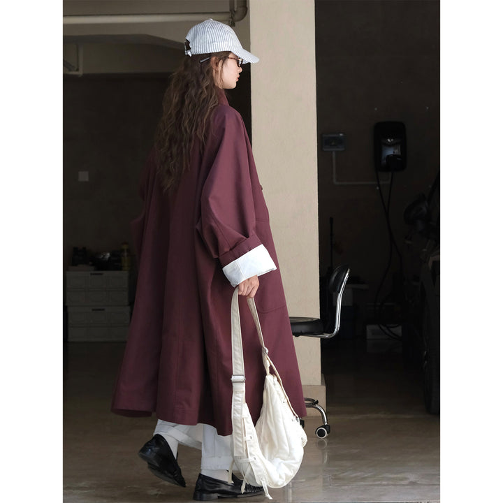 Women Oversized Trench Coat with Stand Collar and Extended Cut Mune Fashion