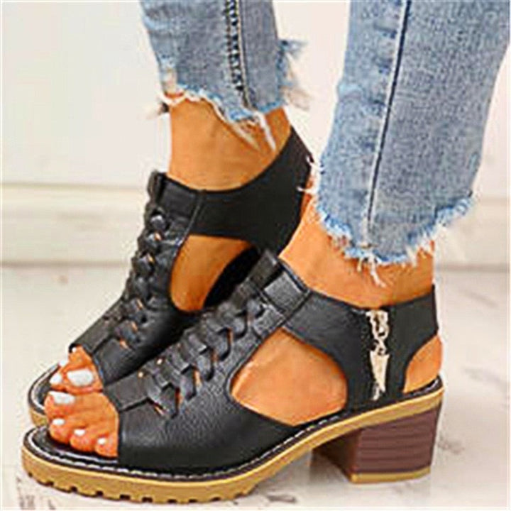 Women's Braided Leather Block Heel Sandal with Zipper and Padded Sole Mune Fashion