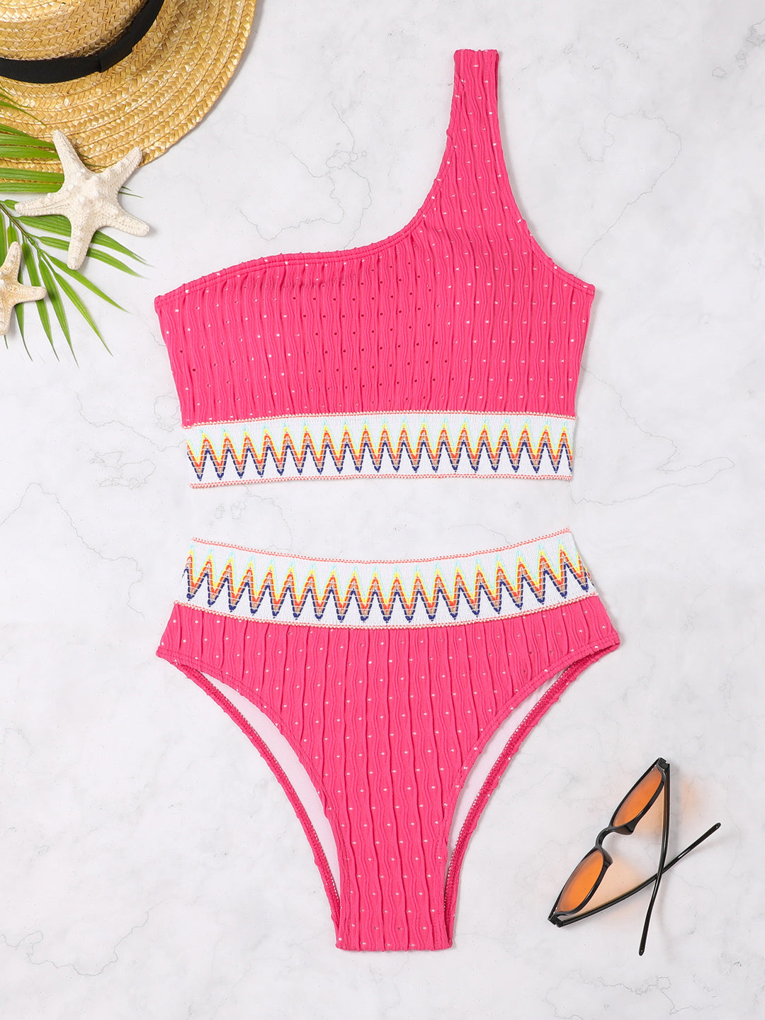 Women One-Sided Crop Bikini with Colorful Jacquard Ribbon Mune Fashion