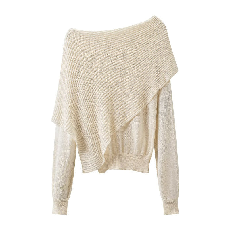 Women Asymmetrical Off-Shoulder Knit Sweater with Poncho Insert Mune Fashion