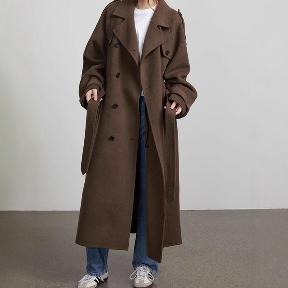 Women's Oversized Wool Coat with Wide Lapel Collar and Waist Belt Mune Fashion