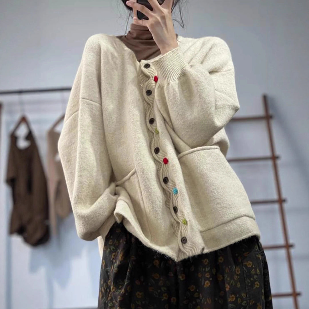 Women's Oversized Knit Cardigan with Decorative Button Placket and Patch Pockets Drune